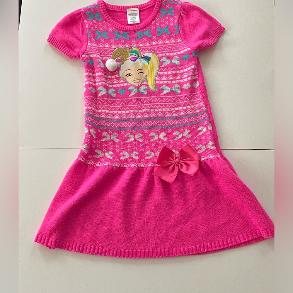 JOJO SIWA Girls Sweater Dress Size 7/8 Nickelodeon Pink Print Bow Dress